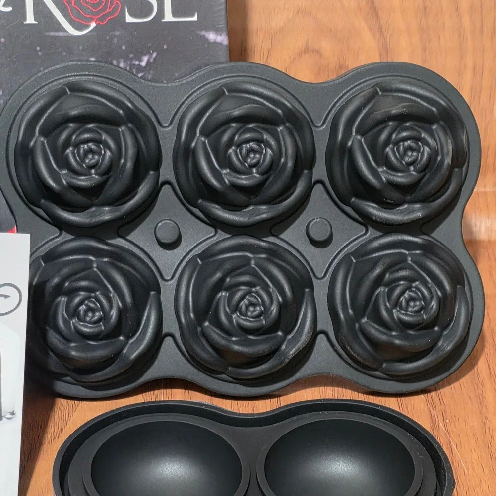 Cube & Rose Silicone Ice Mold Set 6 Large Cubes 6 Roses Black with Funnels NEW